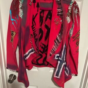 Red Artistic Blazer with Graphic Designs